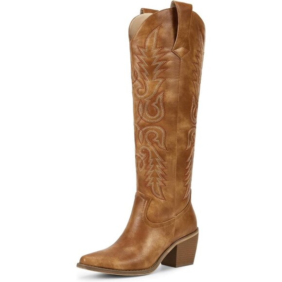⚡Womens Brown Faux Leather Cowboy Side Zipper Knee High  Chunky Heel Boots - Picture 1 of 8